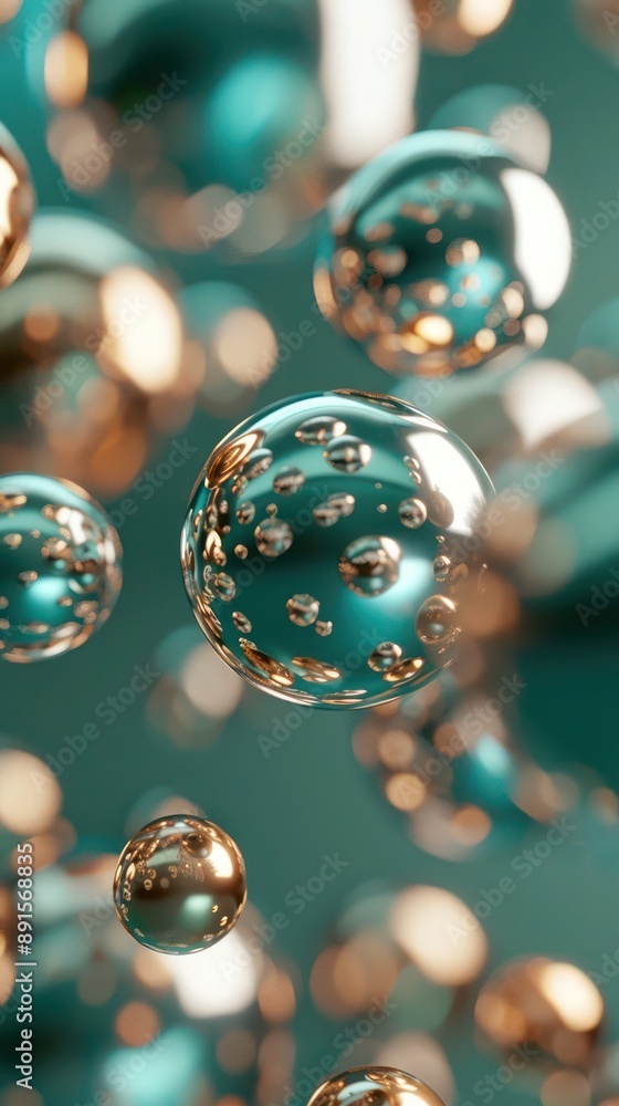 Poster minimalistic 3d abstract with floating metallic metaballs in vintage teal green and zinc, highlighte