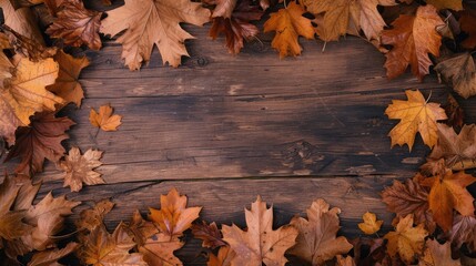 Obraz premium Frame of autumn leaves with wood background. AI generative.
