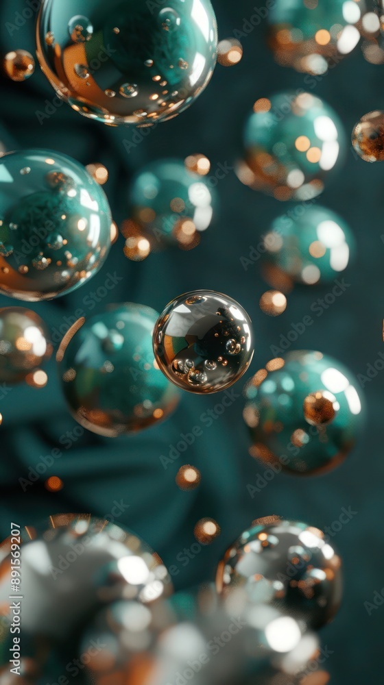 Poster minimalistic 3d abstract with floating metallic metaballs in vintage teal green and zinc, highlighte