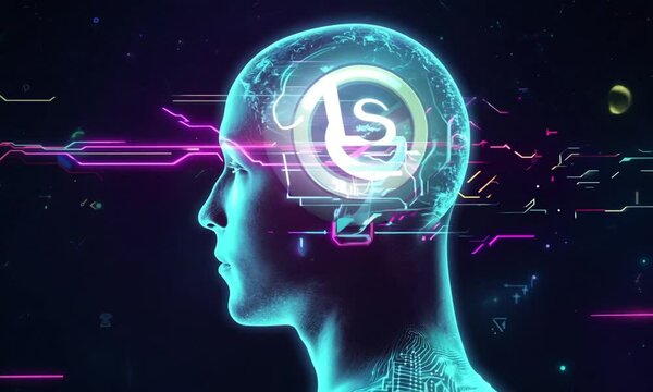 A graphic visualization of a human head overlaid with glowing digital data streams and network symbols