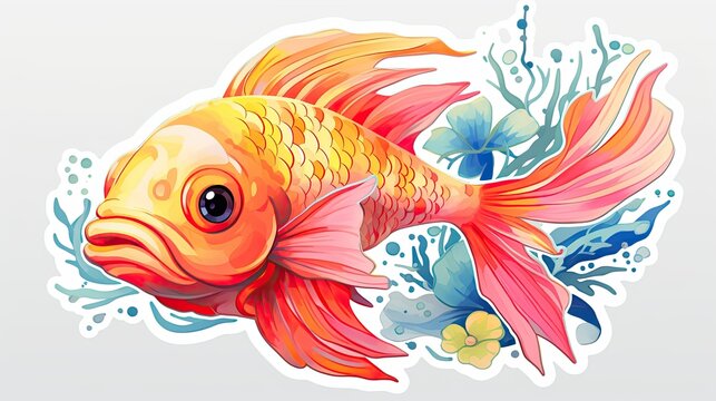 A cute cartoon goldfish swimming among colorful coral reefs