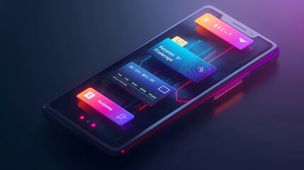 Ultra modern digital wallet interface on a sleek smartphone screen showcasing credit cards cryptocurrencies and QR codes with vibrant colors and smooth animations