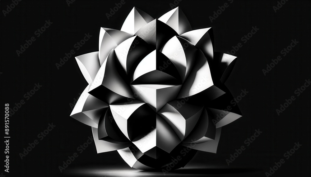 Poster geometric abstract: a striking, monochromatic 3d rendering of a complex, multifaceted geometric shap