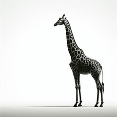 Obraz premium Elegant black and white portrait of a giraffe standing against a pure white isolated background, capturing the intricate patterns and noble posture of this majestic wildlife animal 