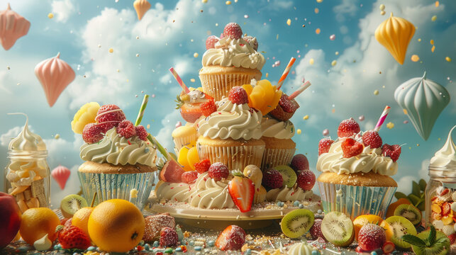  whimsical celebration artistry, A joyful dessert table with intricately designed cupcakes, fresh fruits, and a sky of kites in a cheerful meadow.