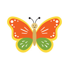 Cute butterfly kids cartoon character. Vector illustration isolated on white background. Color insect clipart. Baby shower design elements. Party invitation, birthday celebration. Spring, summer decor