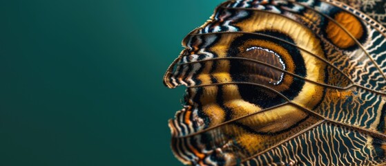 Close-up view of intricate details on a fish fin, revealing vibrant colors and patterns set against a teal background
