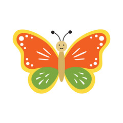 Cute butterfly kids cartoon character. Vector illustration isolated on white background. Color insect clipart. Baby shower design elements. Party invitation, birthday celebration. Spring, summer decor