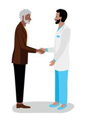 A happy elderly man shakes the doctor's hand and thanks him for the treatment. Thanks to the doctors and nurses. Vector illustration on a white background.