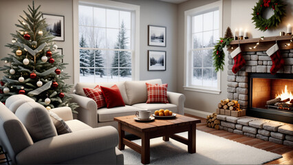 Cozy Christmas decorated room with a fireplace