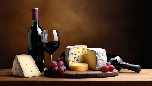 Creatively arranged wine and cheese with grapes - Powered by Adobe
