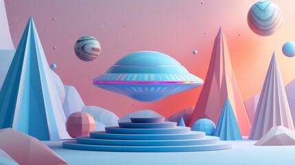 A blue spaceship is floating in the sky above a mountain range