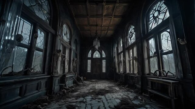 Explore the haunting interior of an abandoned gothic mansion featuring broken windows, decayed walls, and a long, eerie corridor, ideal for horror themes