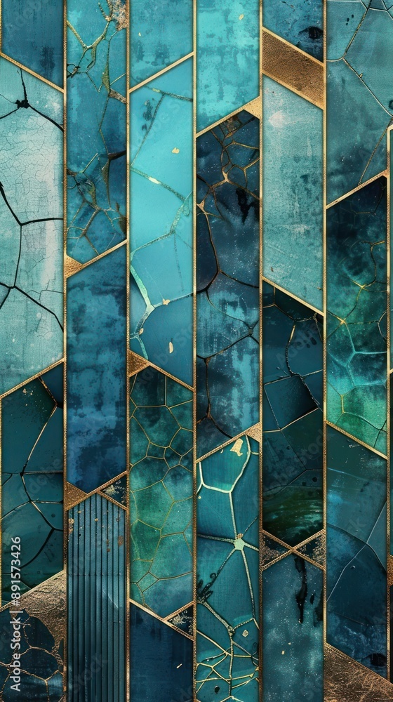 Poster simple yet captivating geometric patterns in vintage teal and zinc, with vintage gold highlights add