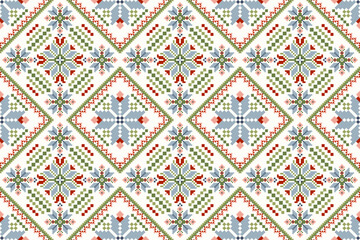 Geometric ethnic design seamless pattern on white background vector illustration.floral pixel art embroidery.design for texture,fabric,clothing,decoration,print