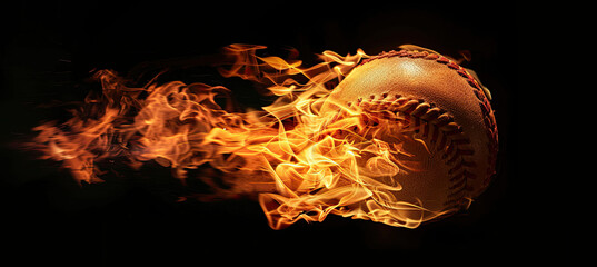 Flaming Baseball on Black Background, Isolated on Dark Backdrop, Fiery Baseball, High-Intensity Sports Image, Dynamic Flames, Sports Action, Dramatic Visual Effect