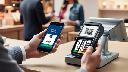 Hand young woman paying in a store using a smartphone The phone screen shows the digital wallet app with QR code payment confirmation