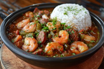 Fototapeta premium A bowl of gumbo, a hearty stew with shrimp, sausage, okra, and spices, served with a scoop of white rice. 