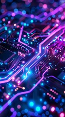 Obraz premium Futuristic Electronic Circuit Board Glowing Neon Lights Technology. AI Generated