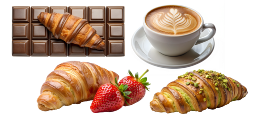 Set of croissants on a white isolated background, chocolate, pistachio, strawberry. Serve yourself a delicious croissant, suitable for decorating the menu of restaurants and bakeries. French classics