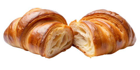 Croissants on a white isolated background  half cut into pieces. Serve yourself a delicious fluffy croissant suitable for menu design, restaurants, bakeries. French classic PNG