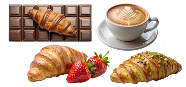 Set of croissants on a white isolated background, chocolate, pistachio, strawberry. Serve yourself a delicious croissant, suitable for decorating the menu of restaurants and bakeries. French classics