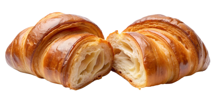 Croissants on a white isolated background  half cut into pieces. Serve yourself a delicious fluffy croissant suitable for menu design, restaurants, bakeries. French classic PNG