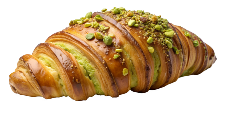 Croissants on a white isolated background front view. Serve yourself a delicious pistachio croissant on a gourmet plate suitable for menu design, restaurants, bakeries. French classic PNG.