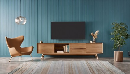 Stylish Serenity: 3D Render of Living Room with TV Stand and Armchair"