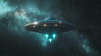 A blue and silver spaceship is flying through the sky