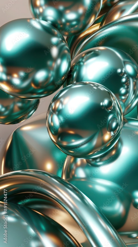 Poster sleek 3d abstract with smooth metallic metaballs in vintage teal and zinc, gently accented with matt