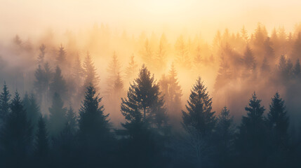 Obraz premium Misty Forest at Sunrise with Golden Light