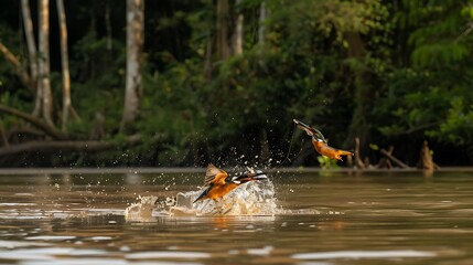Amazonian Kingfisher diving into the Amazon River its sharp beak and agile body perfectly adapted for catching fish amidst the diverse and dynamic aquatic life of this ecosystem
