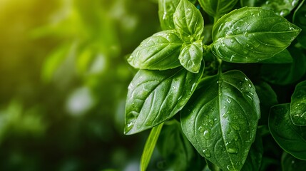 Close-up of fresh basil leaves in a garden, showcasing their vibrant green color and aromatic scent.