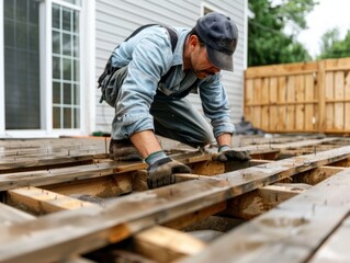 A construction worker measures and builds a wooden deck in a backyard. DIY home improvement and outdoor project ideas for residential properties.