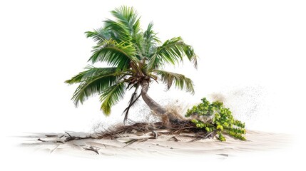 Obraz premium A lone palm tree resiliently standing on sandy ground, with its roots visibly intertwined, symbolizing strength and perseverance.