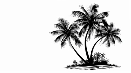 Fototapeta premium Black and white illustration of a tropical island with palm trees on a white background. Perfect for designs, prints, and web use.