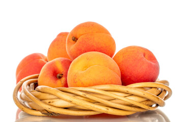 Several juicy apricots with vine wreath isolated on white background, macro.