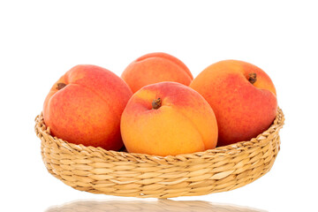 Several juicy apricots with straw plate isolated on white background, macro.