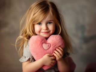 A little girl is holding a plush romantic heart in her hands. AI generative.