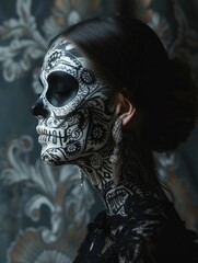The woman with a skull pattern on her entire face. Body art. AI generative.