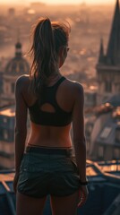 European woman in tight clothing looks at the city. AI generative.