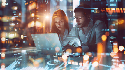 A businessman and businesswoman sitting at a table in front of a laptop, working together. Graphs, charts, and diagrams are displayed on the computer screen.