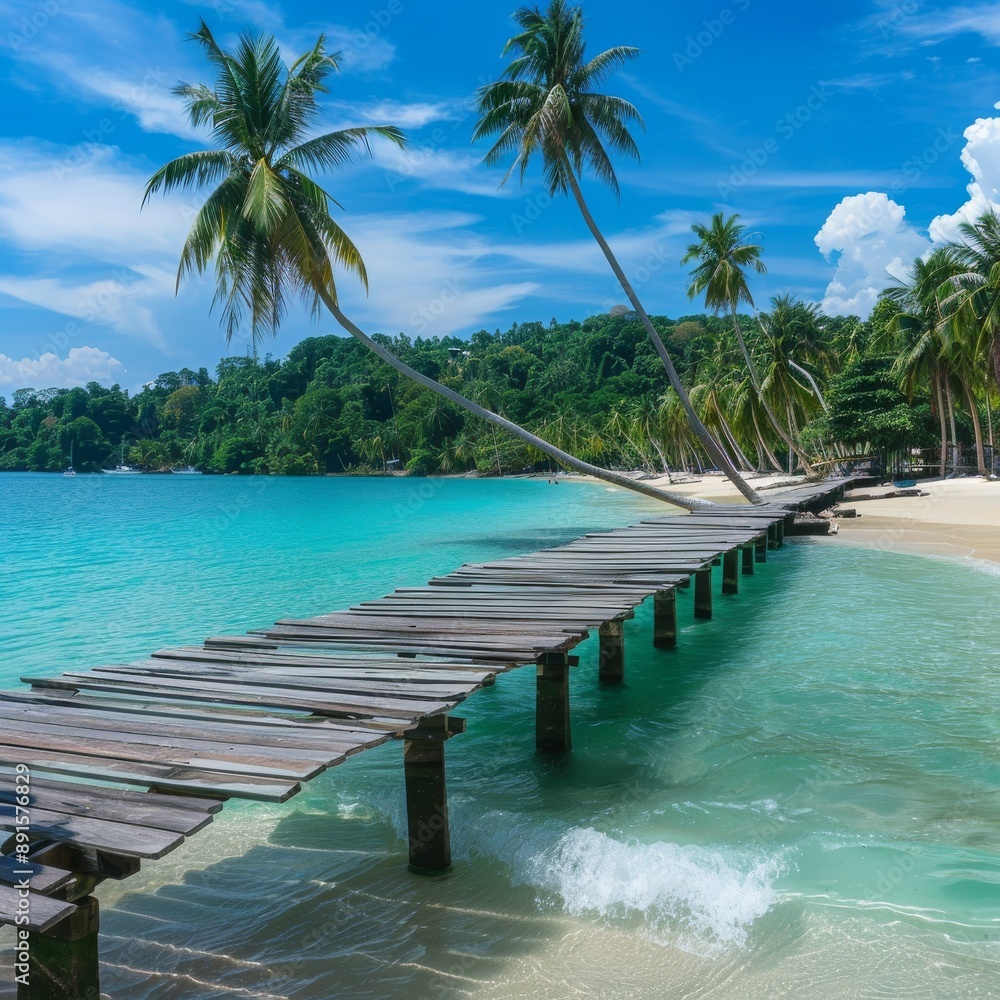 Wall mural paradise beach with turquoise water, wooden pier and tropical palm trees, summer holidays in thailan