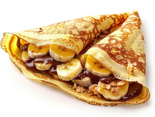 Delicious folded crepes filled with sliced bananas, topped with chocolate sauce and nuts, ideal for a sweet breakfast or dessert.