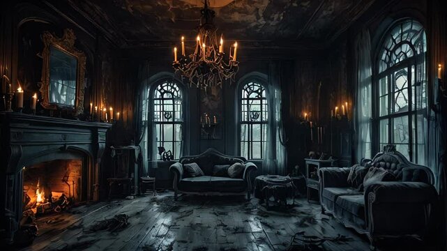 Step into a haunted gothic living room with candlelight flickering and a crackling fireplace, creating a spooky and eerie atmosphere.