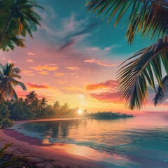 Landscape of paradise tropical island beach, sunrise shot. Beautiful sunset landscape, vacation beach banner. paradise. Photo realistic.