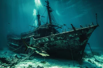 Fototapete Rund A ship wreck on the seabed with a shark swimming around it © Michael