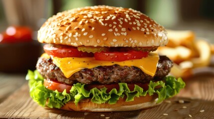 delicious homemade hamburger on wooden 