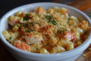 A bowl of lobster mac and cheese, creamy and cheesy, with chunks of lobster meat and a crispy breadcrumb topping